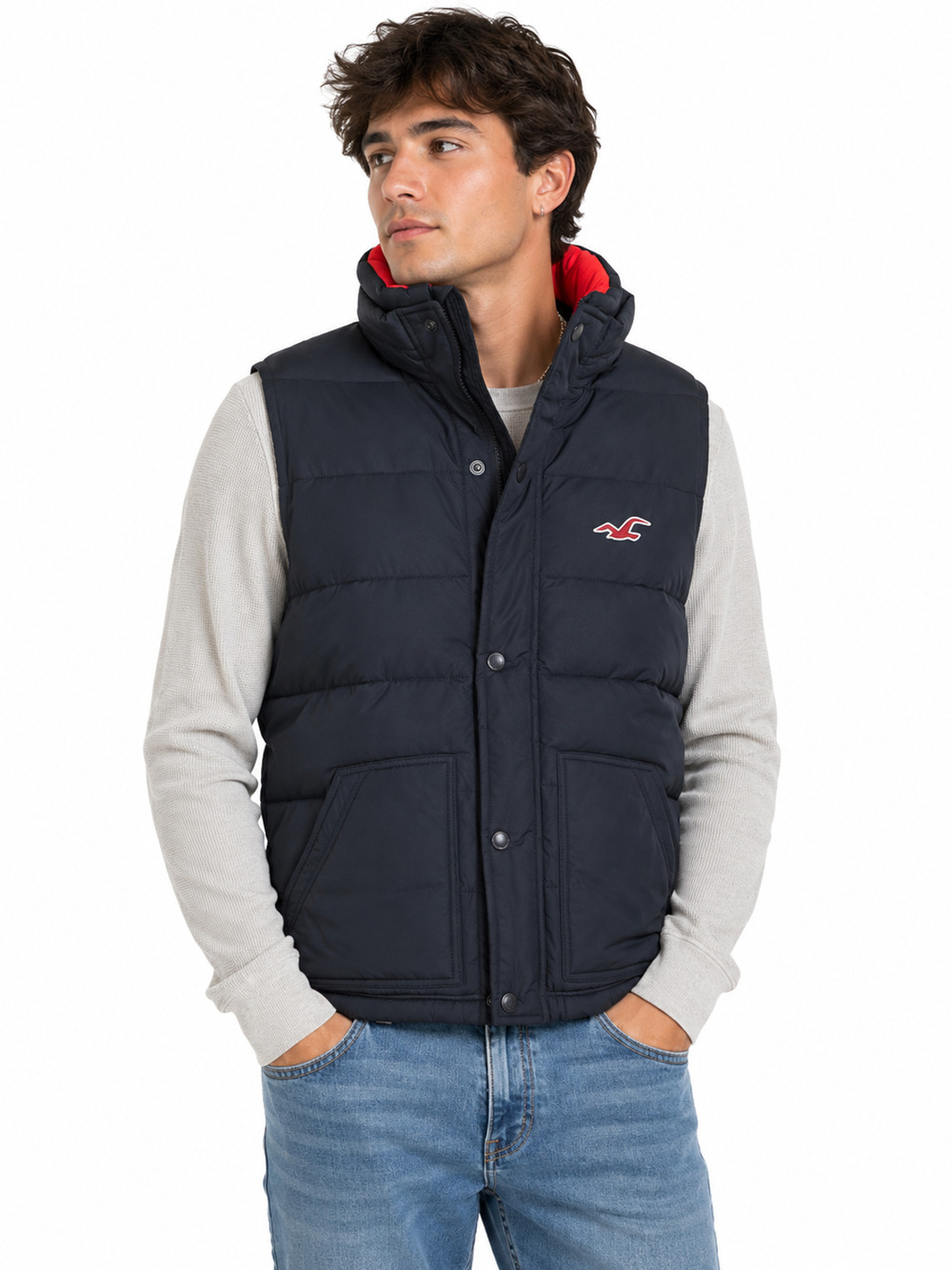 Hollister Mens Y2K Navy Down Fill Puffer Vest Chest Logo Jacket Sleeveless sz L
